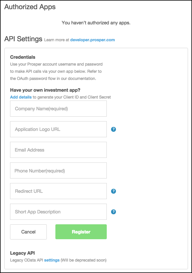 App registration screen